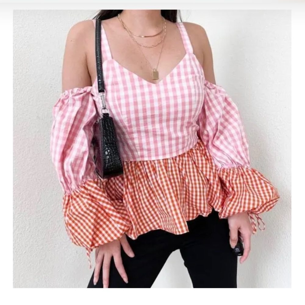 ASOS Tops | ASOS Pink Red Cold Shoulder Long Puffy Sleeves Vneck Peplum Blouse - Picture 1 of 3